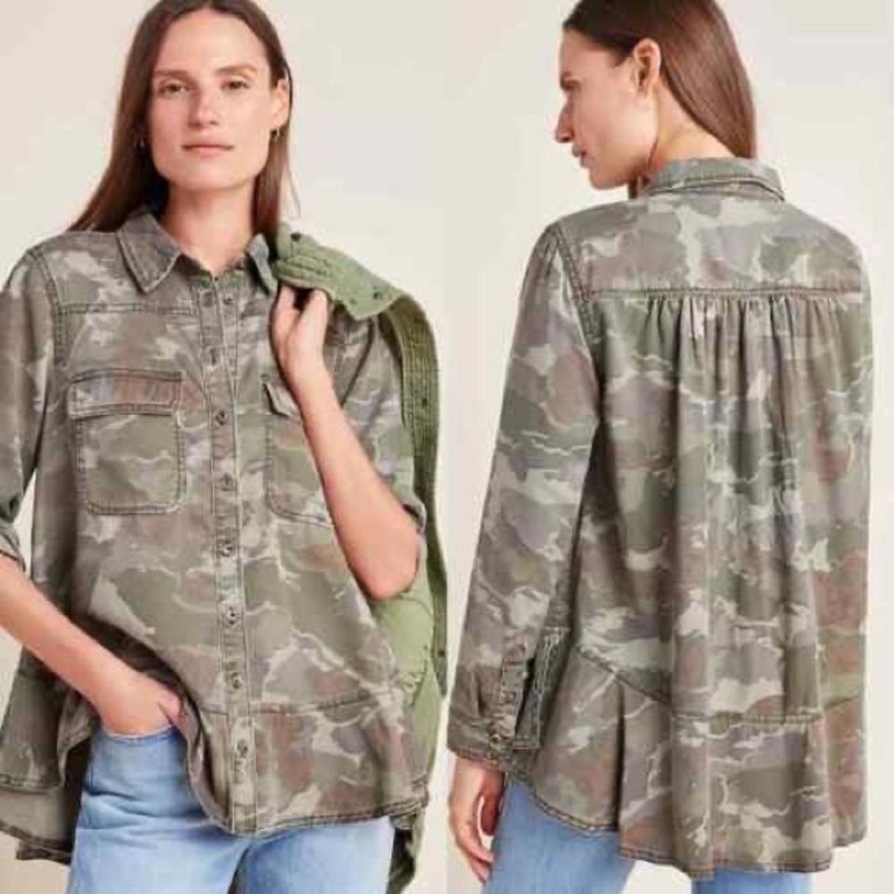 Anthropologie camo button up top size 0